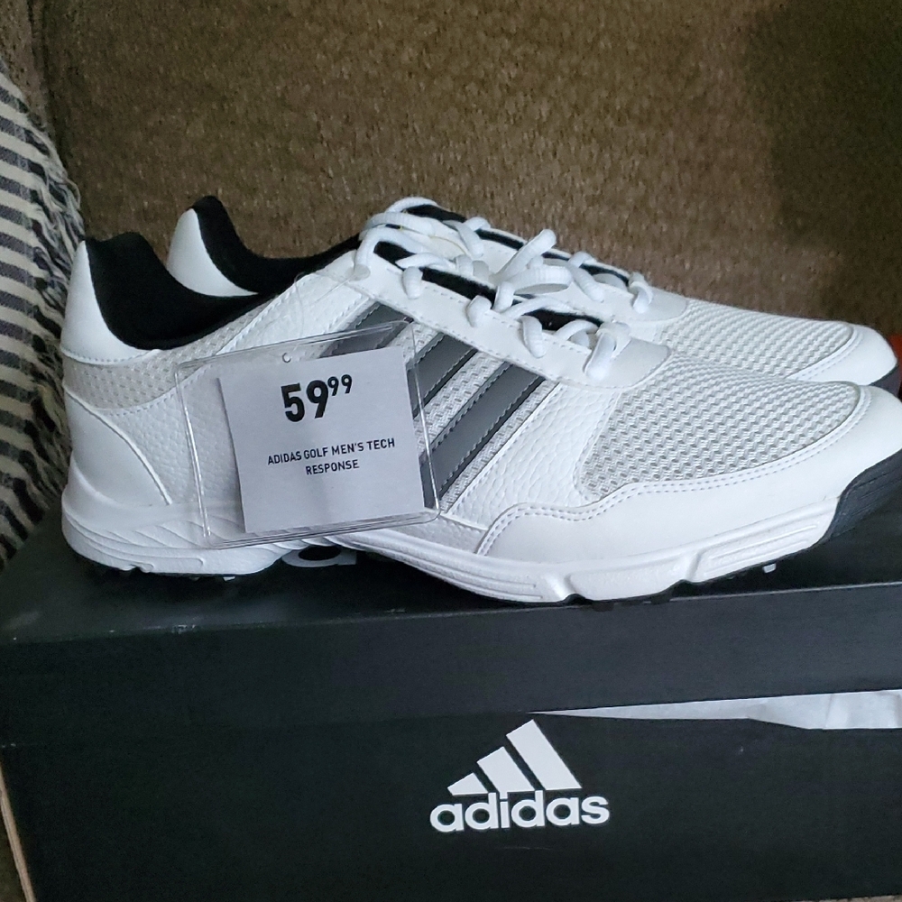 Adidas White and Black Golf Shoes with Mesh Uppers